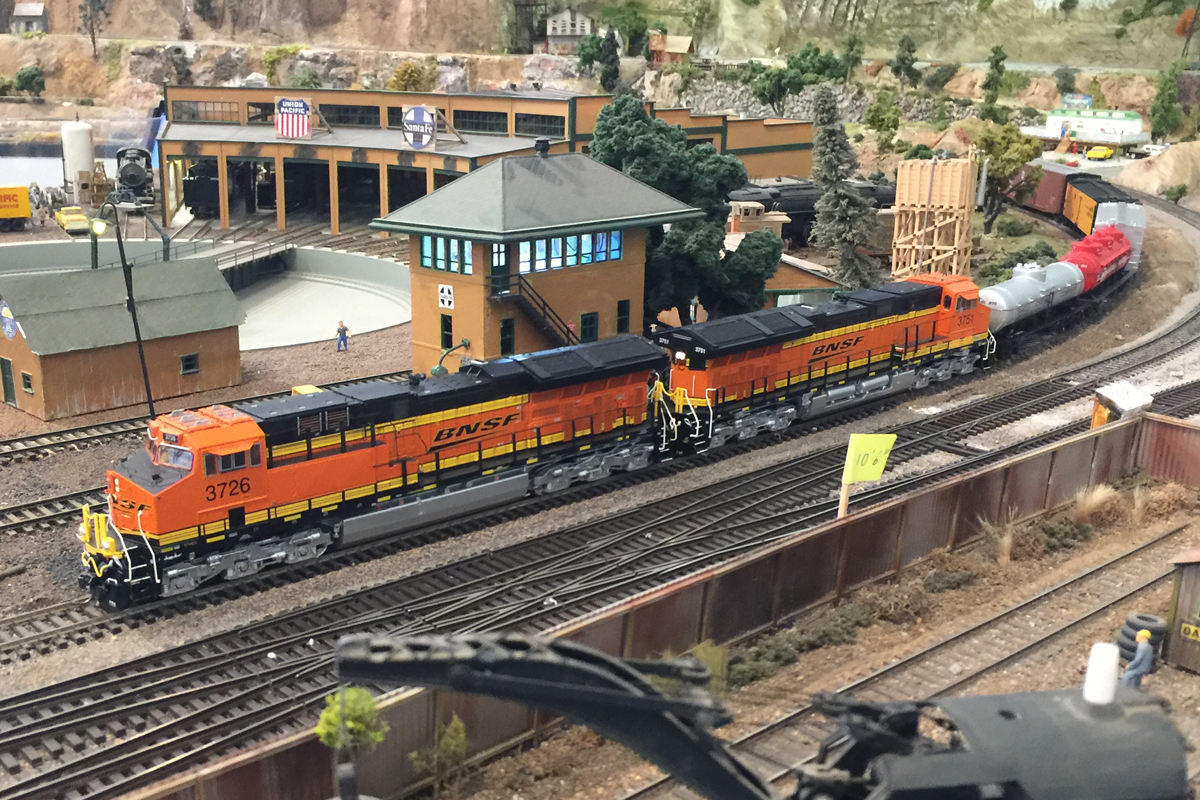 BNSF pulling a freight train during an Operations Session at the North County Model Railroad Society BNSF pulling a freight train during an Operations Session at the North County Model Railroad Society