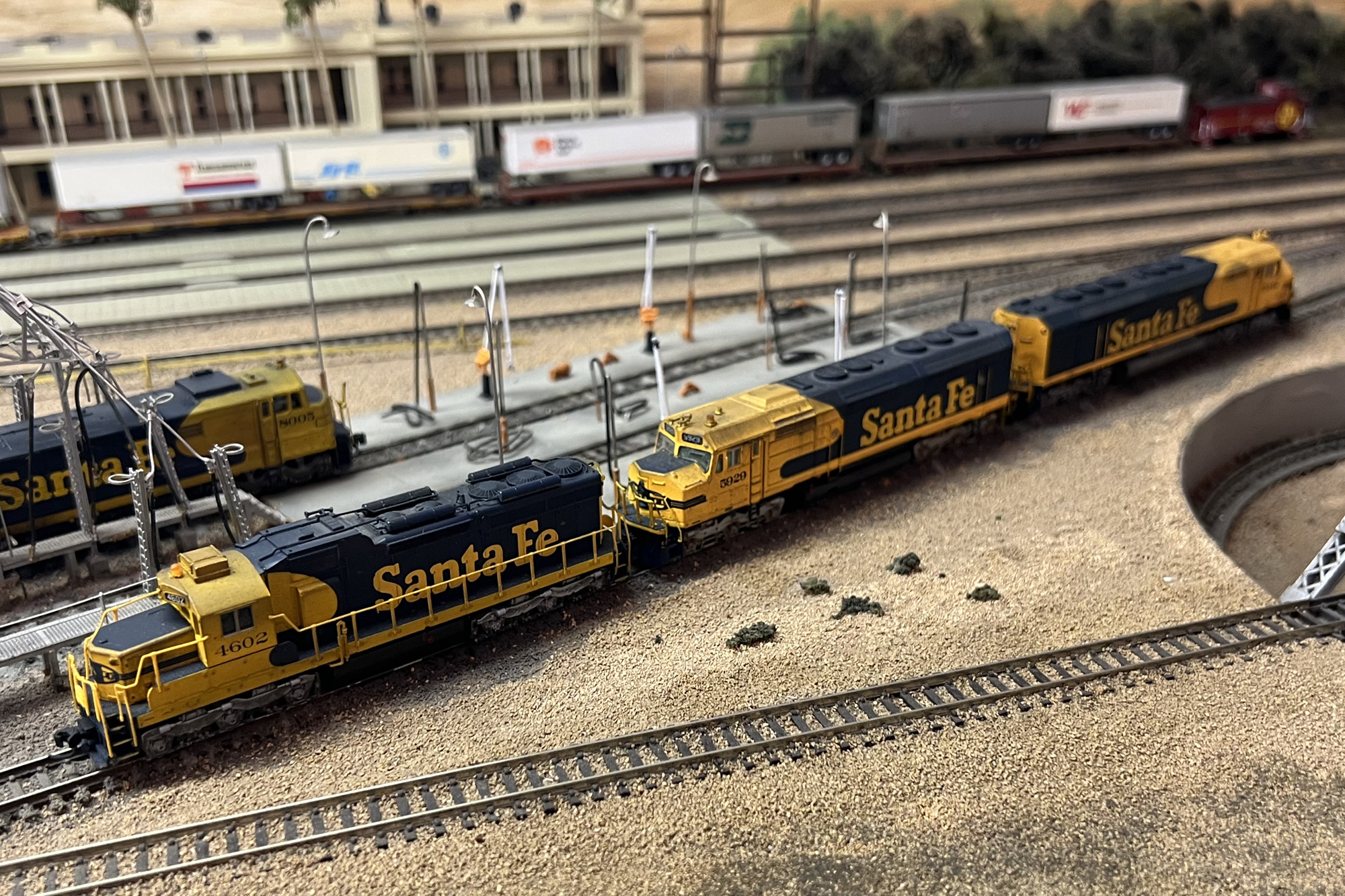 Several Santa Fe locomotives on Mike Komo's n scale model railroad layout.